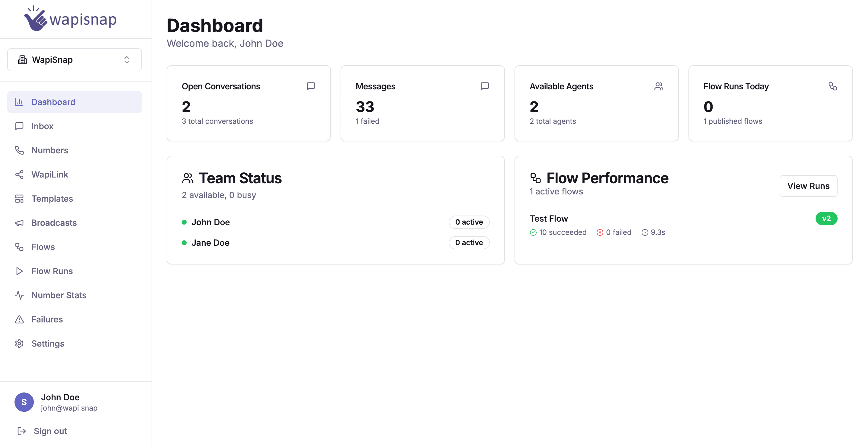 WapiSnap Dashboard — Shared Inbox, Flow Builder, Broadcasts